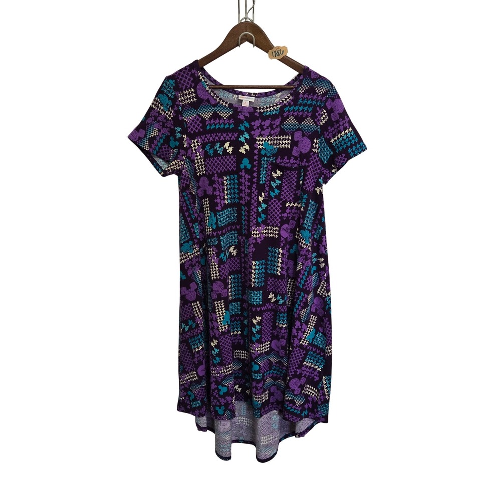 LuLaRoe Disney Carly Dress SM Purple Mickey Mouse Geometric High Low Short Slv‎